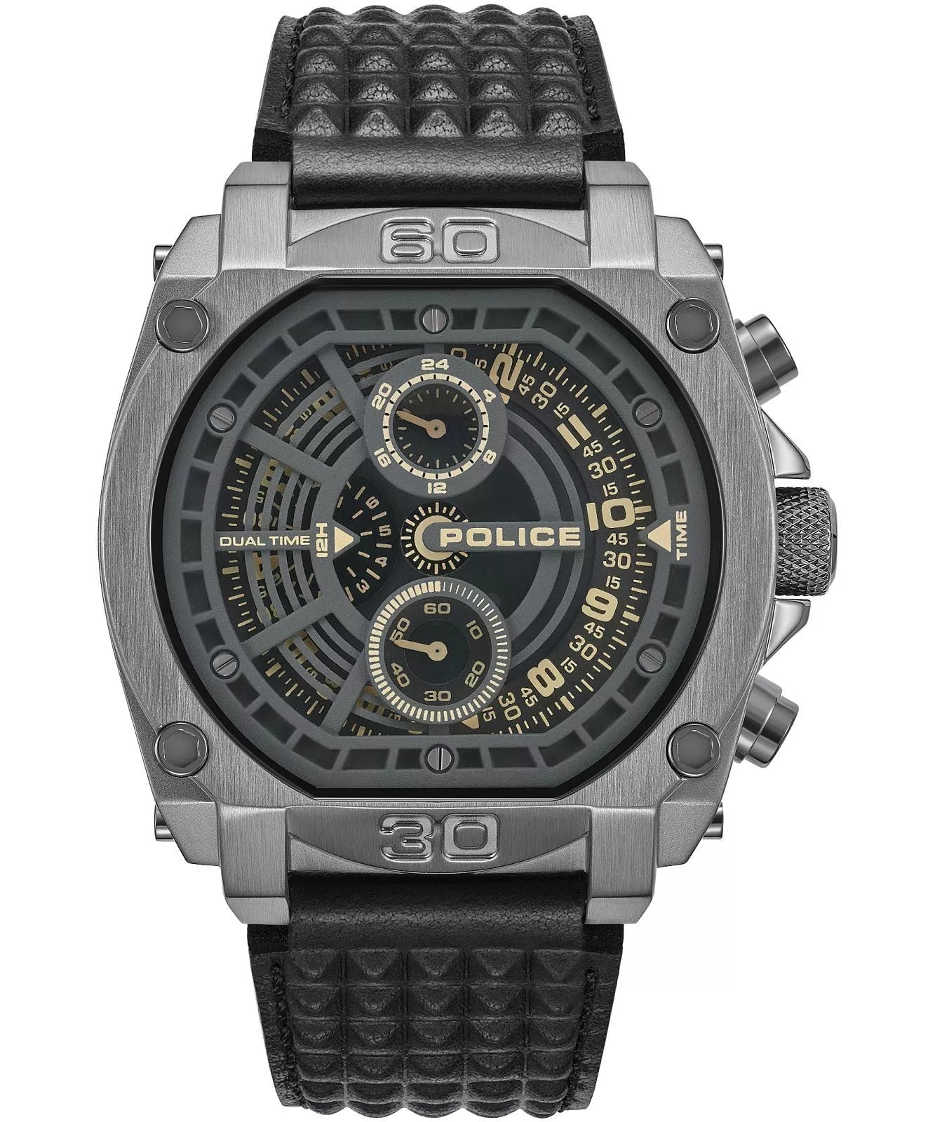 Police Norwood Dual Time men’s watch gray steel case with black leather strap