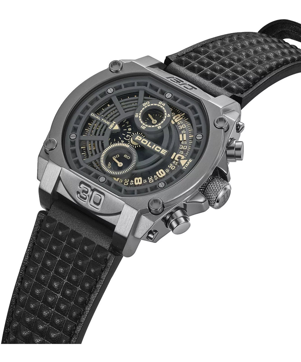 Police Norwood Dual Time men’s watch gray steel case with black leather strap