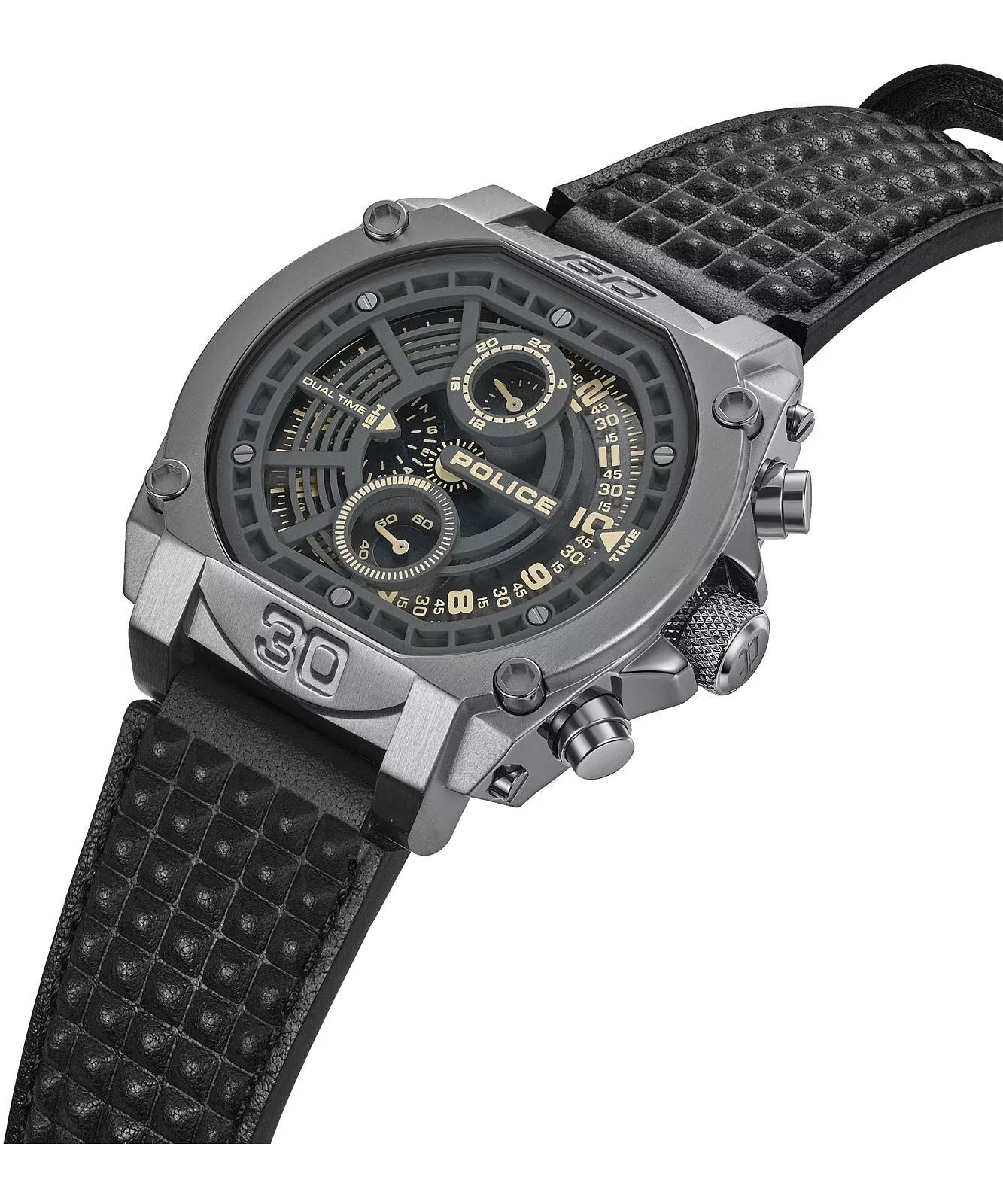 Police Norwood Dual Time men’s watch gray steel case with black leather strap