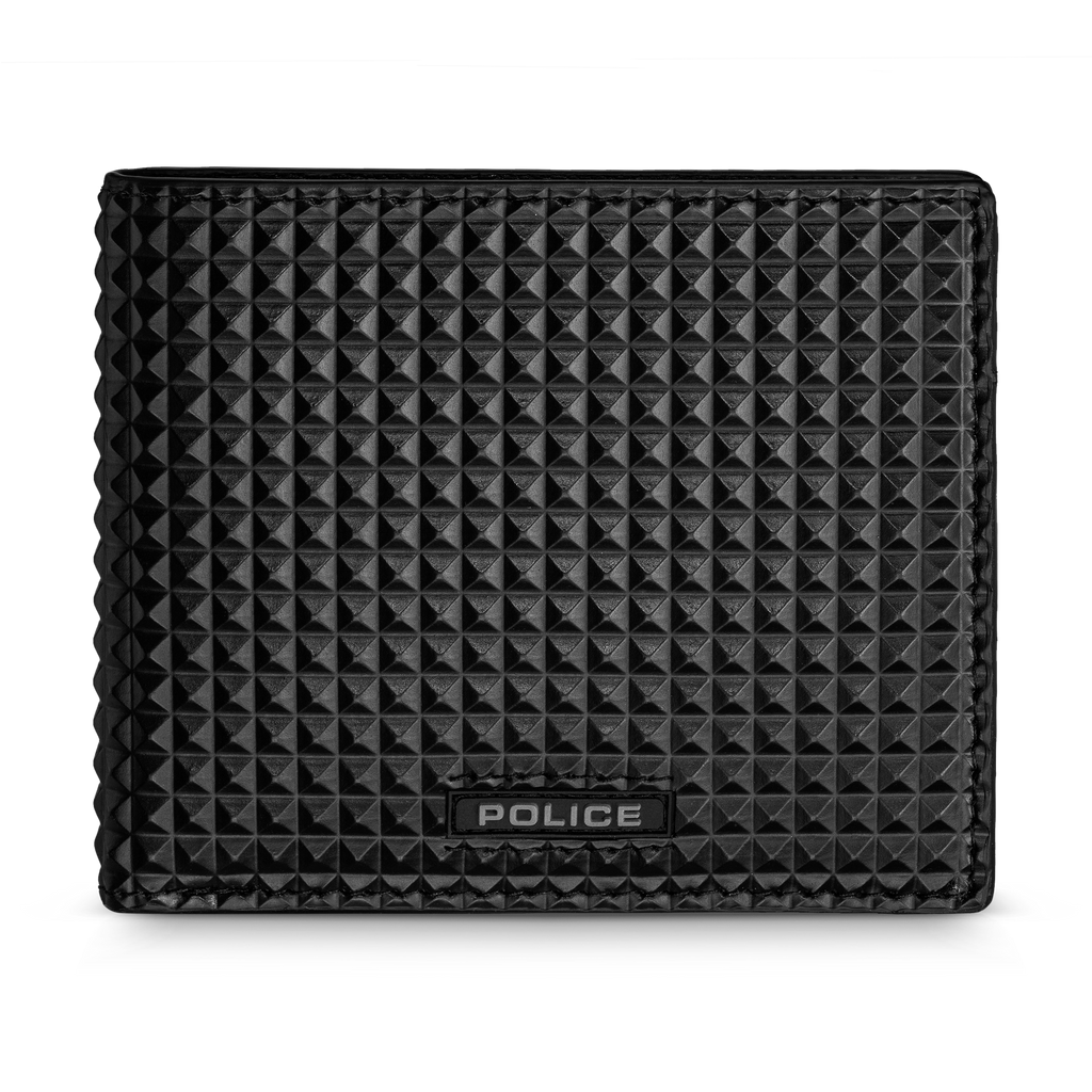 Police Pyramid black leather wallet with coin holder textured design men Paris Gallery Qatar Now Online