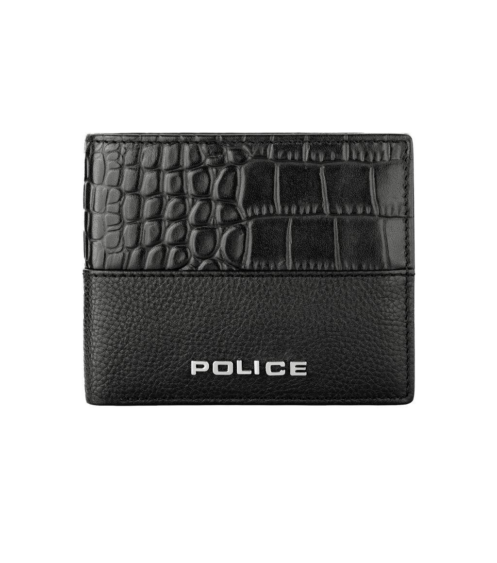 Police Relique men’s black leather bifold wallet with croc-effect panel and metal Police logo