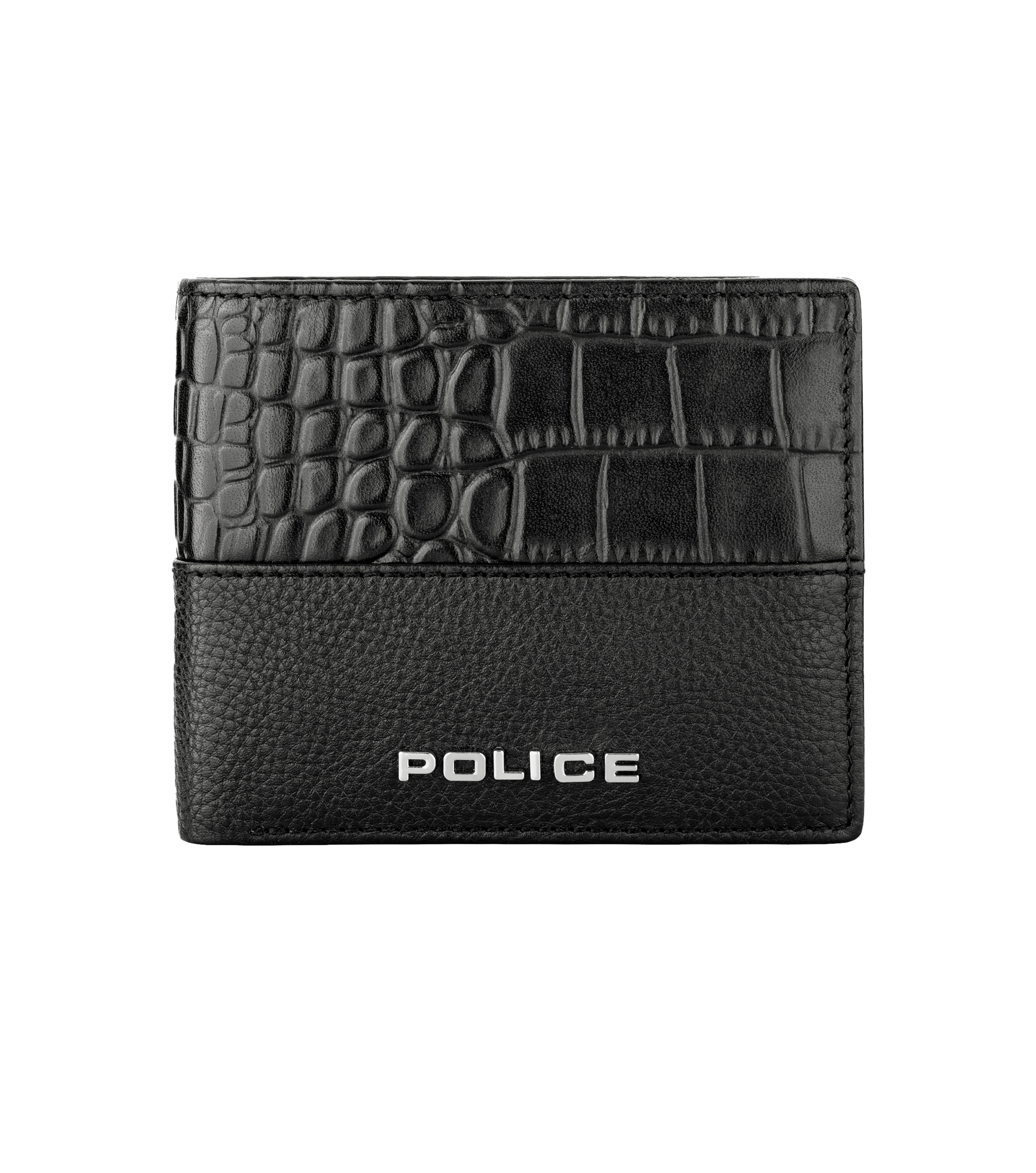 Police Relique men’s black leather bifold wallet with croc-effect panel and metal Police logo