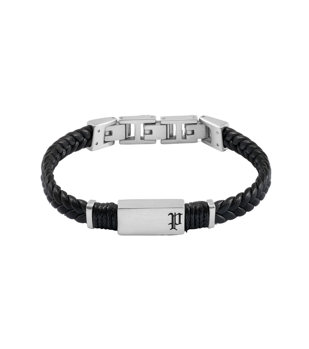 Police Ridgecord men's black braided leather bracelet with brushed stainless steel centerpiece and Police P emblem