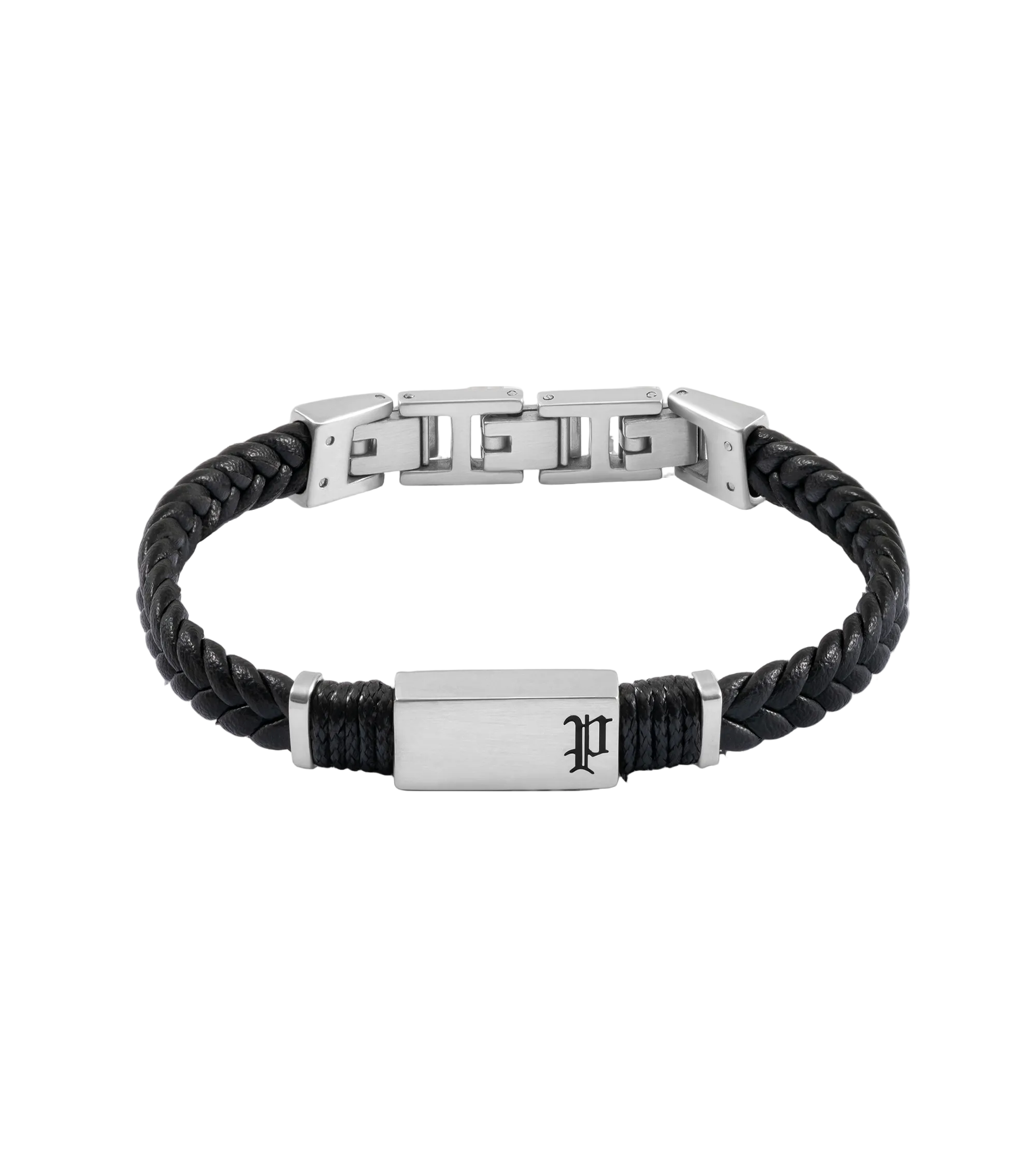 Police Ridgecord men's black braided leather bracelet with brushed stainless steel centerpiece and Police P emblem