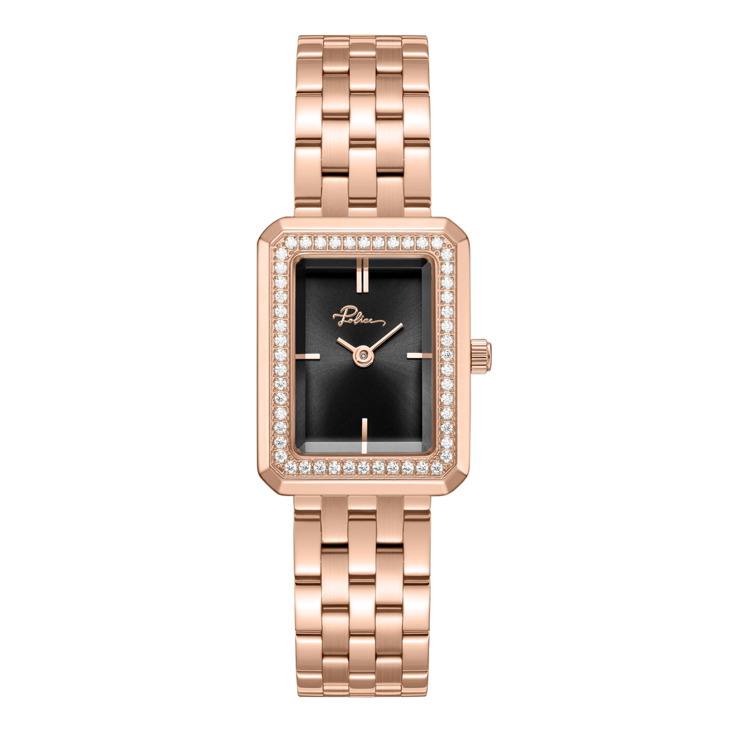 Police women's rose gold-tone watch with black dial, crystal-set rectangular bezel and matching stainless steel bracelet
