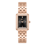 Police women's rose gold-tone watch with black dial, crystal-set rectangular bezel and matching stainless steel bracelet