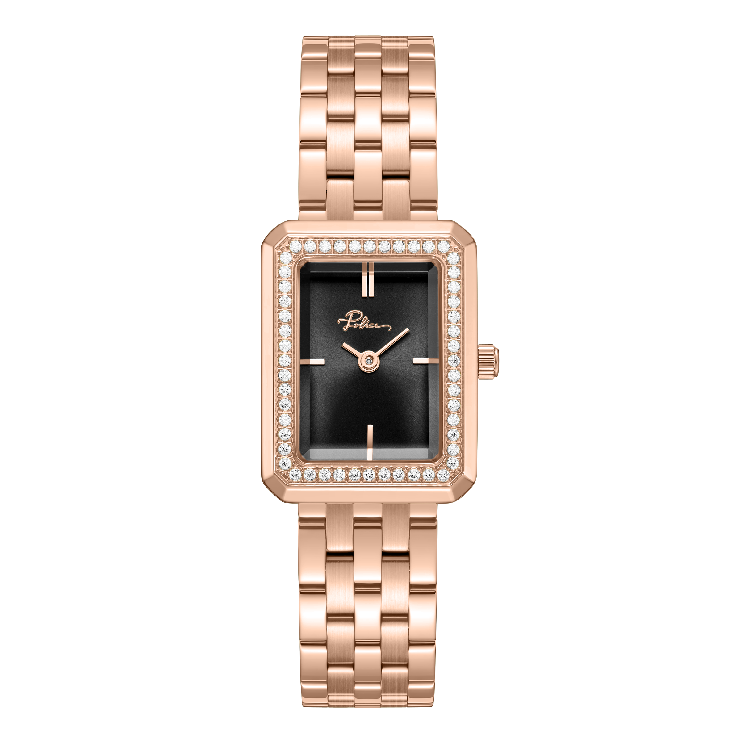 Police women's rose gold-tone watch with black dial, crystal-set rectangular bezel and matching stainless steel bracelet