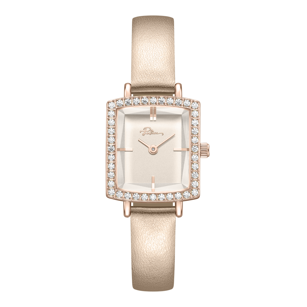 Police women's rectangular watch with white dial, rose gold-tone crystal bezel and champagne leather strap