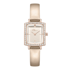 Police women's rectangular watch with white dial, rose gold-tone crystal bezel and champagne leather strap