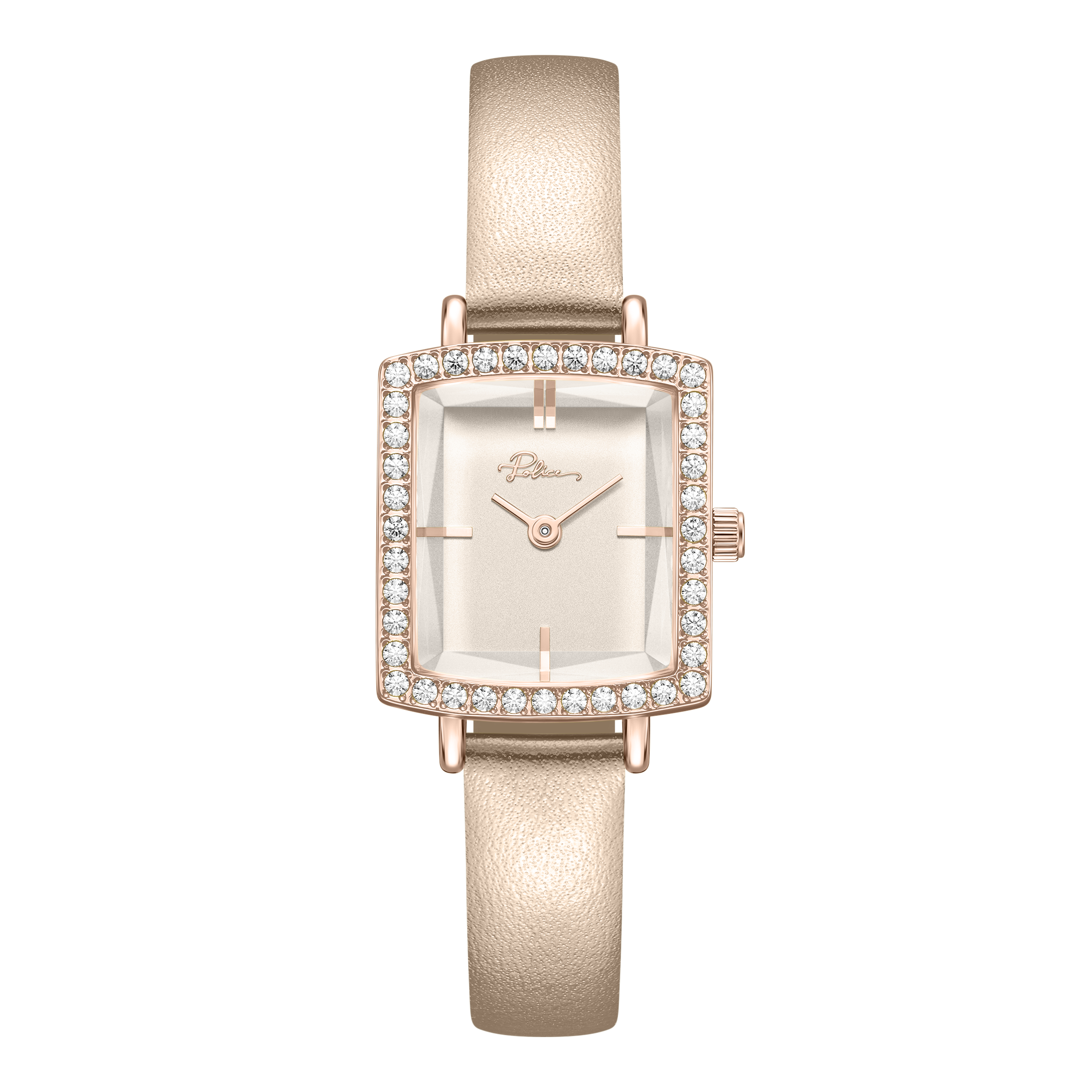 Police women's rectangular watch with white dial, rose gold-tone crystal bezel and champagne leather strap