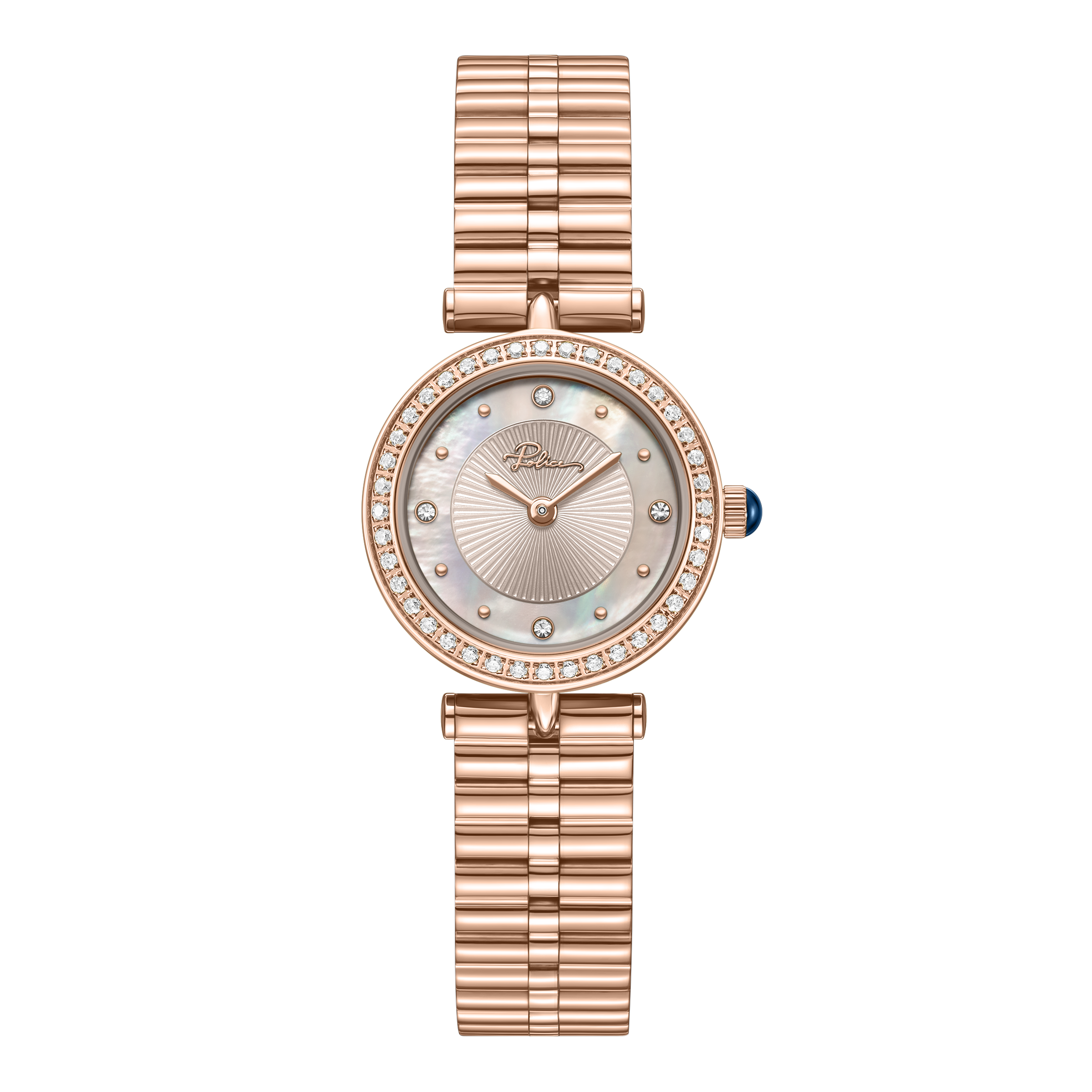 Police women's rose gold-tone watch with pink dial, crystal bezel and matching stainless steel bracelet