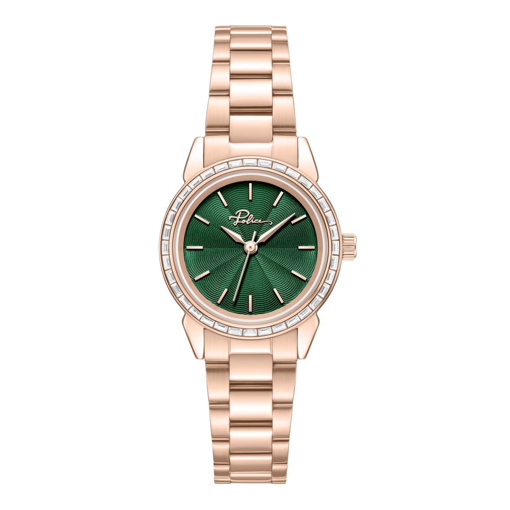 Police women's rose gold-tone watch with textured green dial, crystal bezel and stainless steel bracelet