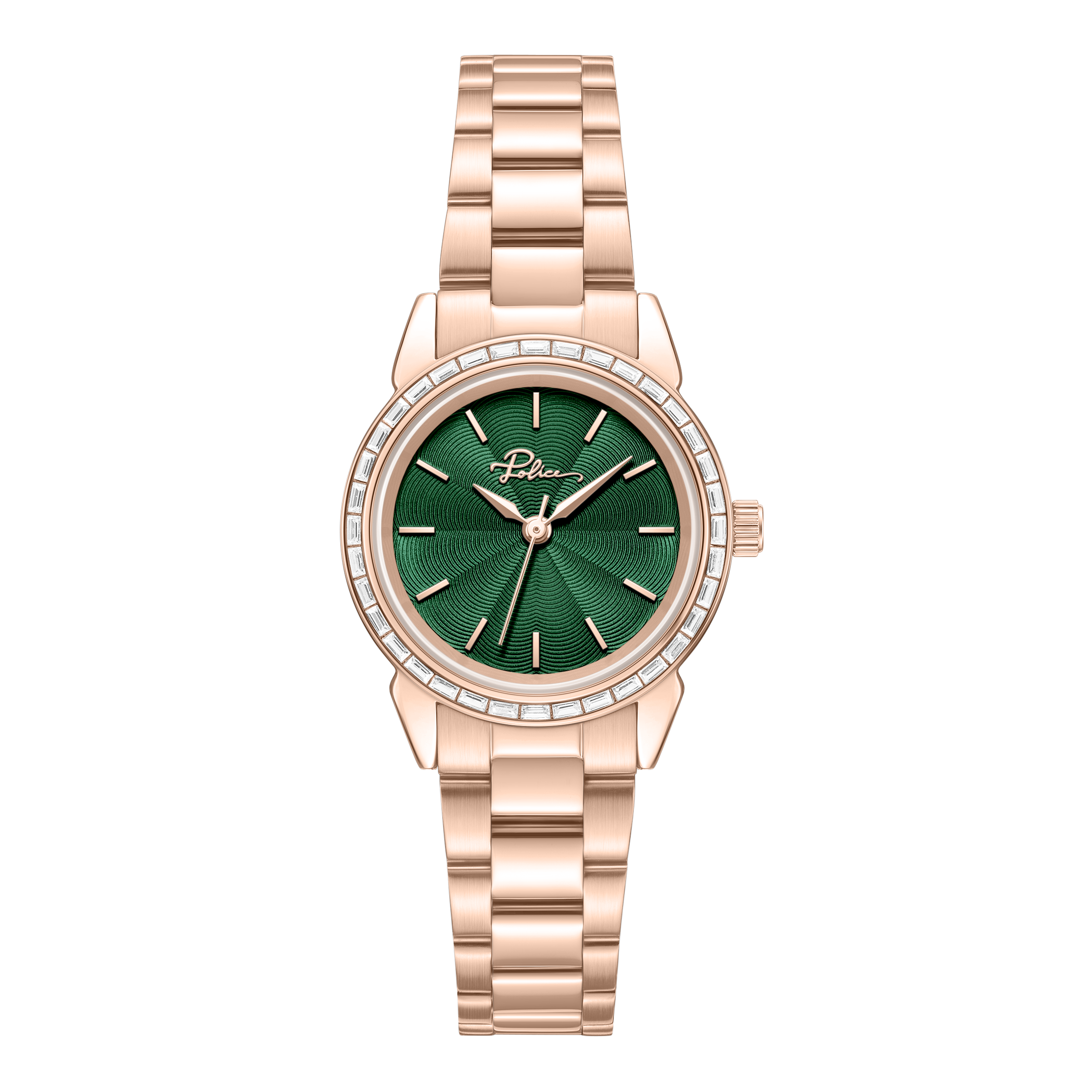 Police women's rose gold-tone watch with textured green dial, crystal bezel and stainless steel bracelet