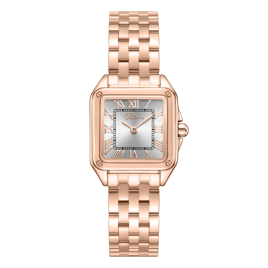 Police women's rose gold-tone square watch with silver dial, Roman numeral markers and stainless steel bracelet