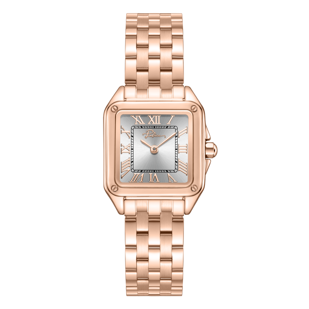 Police women's rose gold-tone square watch with silver dial, Roman numeral markers and stainless steel bracelet