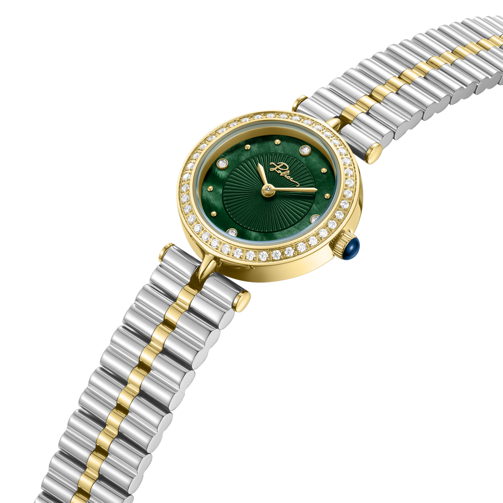 Police women's two-tone watch with green dial, crystal bezel and silver and gold-tone stainless steel bracelet