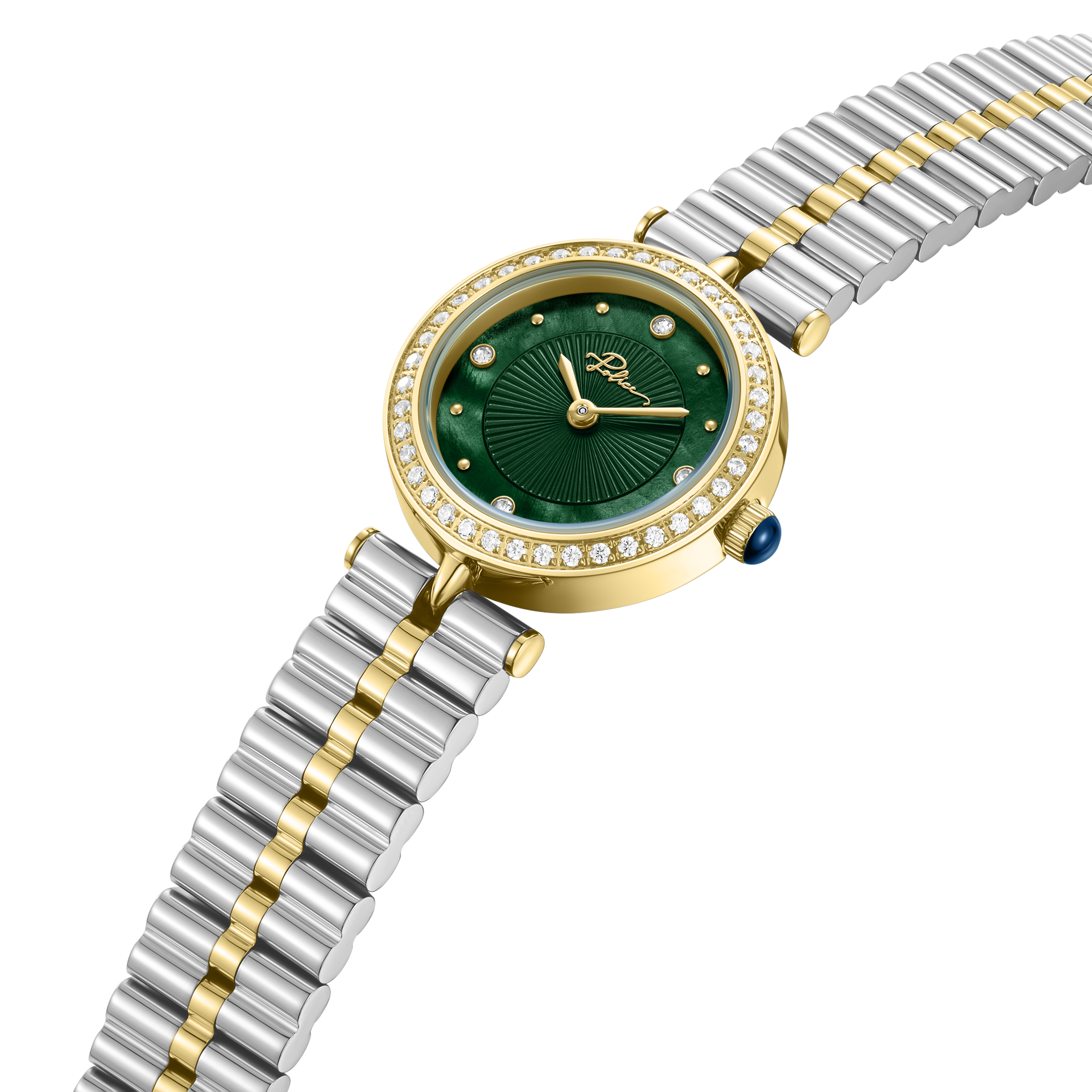 Police women's two-tone watch with green dial, crystal bezel and silver and gold-tone stainless steel bracelet