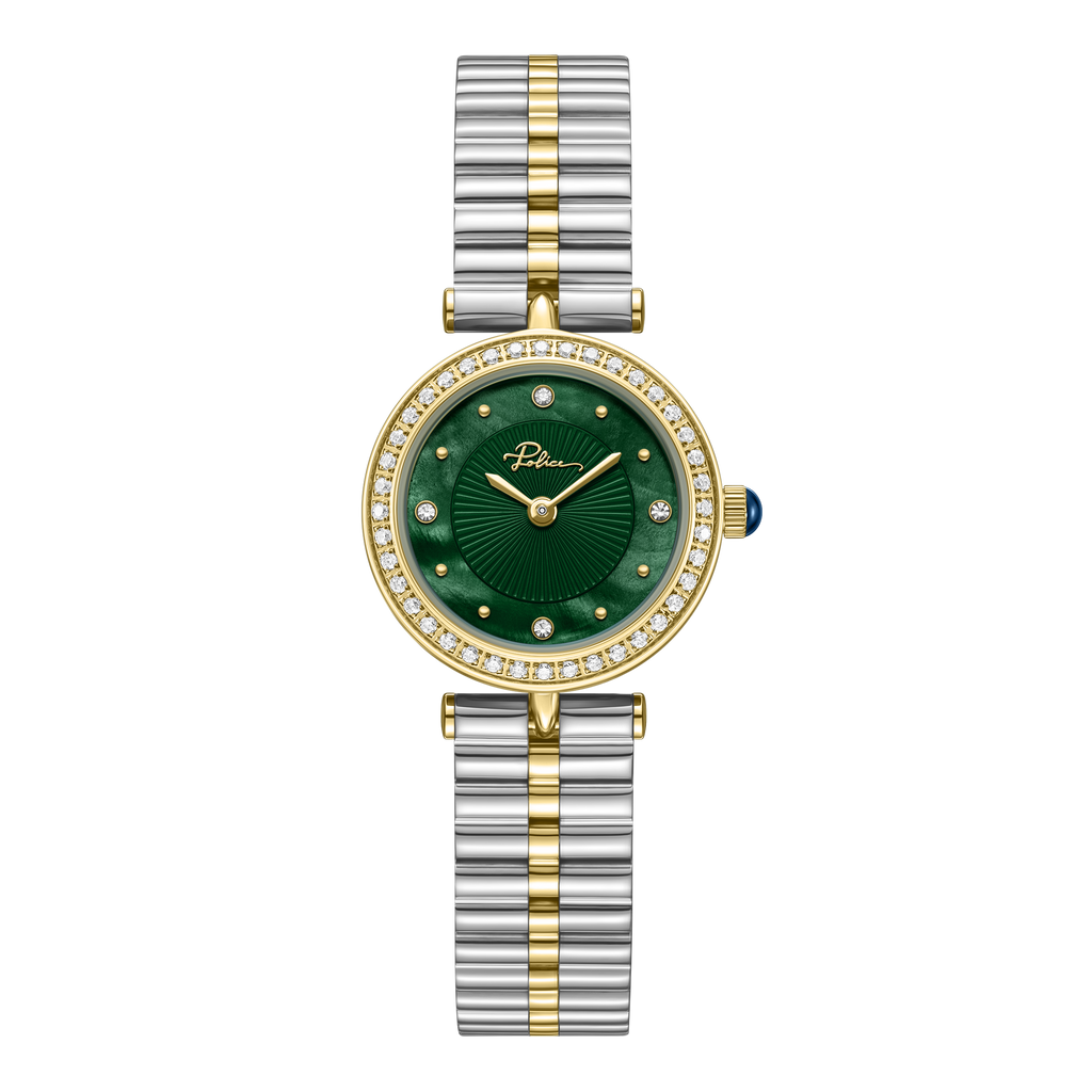 Police women's two-tone watch with green dial, crystal bezel and silver and gold-tone stainless steel bracelet