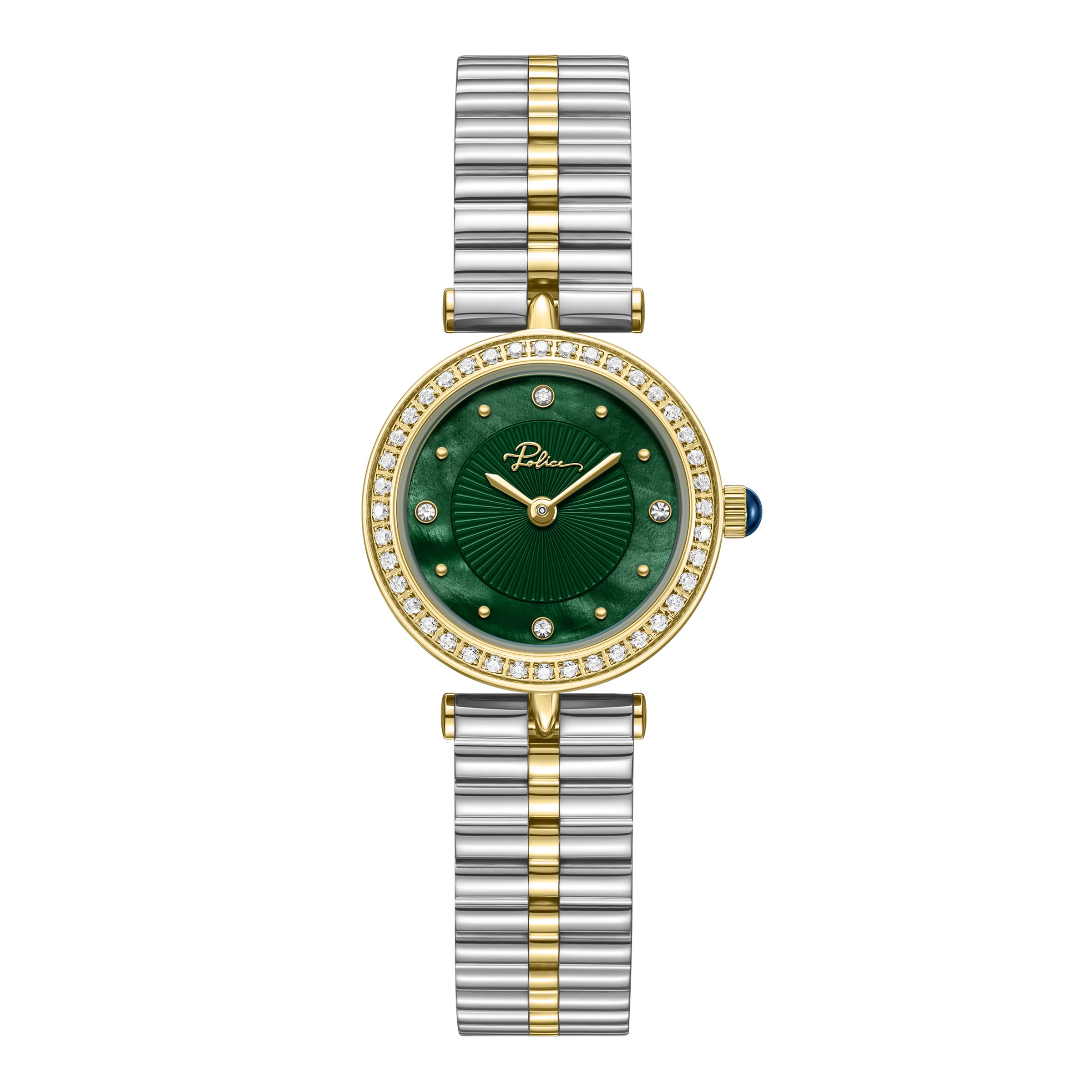 Police women's two-tone watch with green dial, crystal bezel and silver and gold-tone stainless steel bracelet