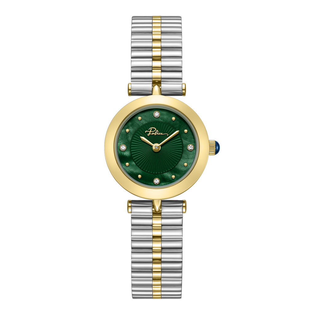 Police women's green dial watch with gold-tone case and silver and gold-tone stainless steel bracelet