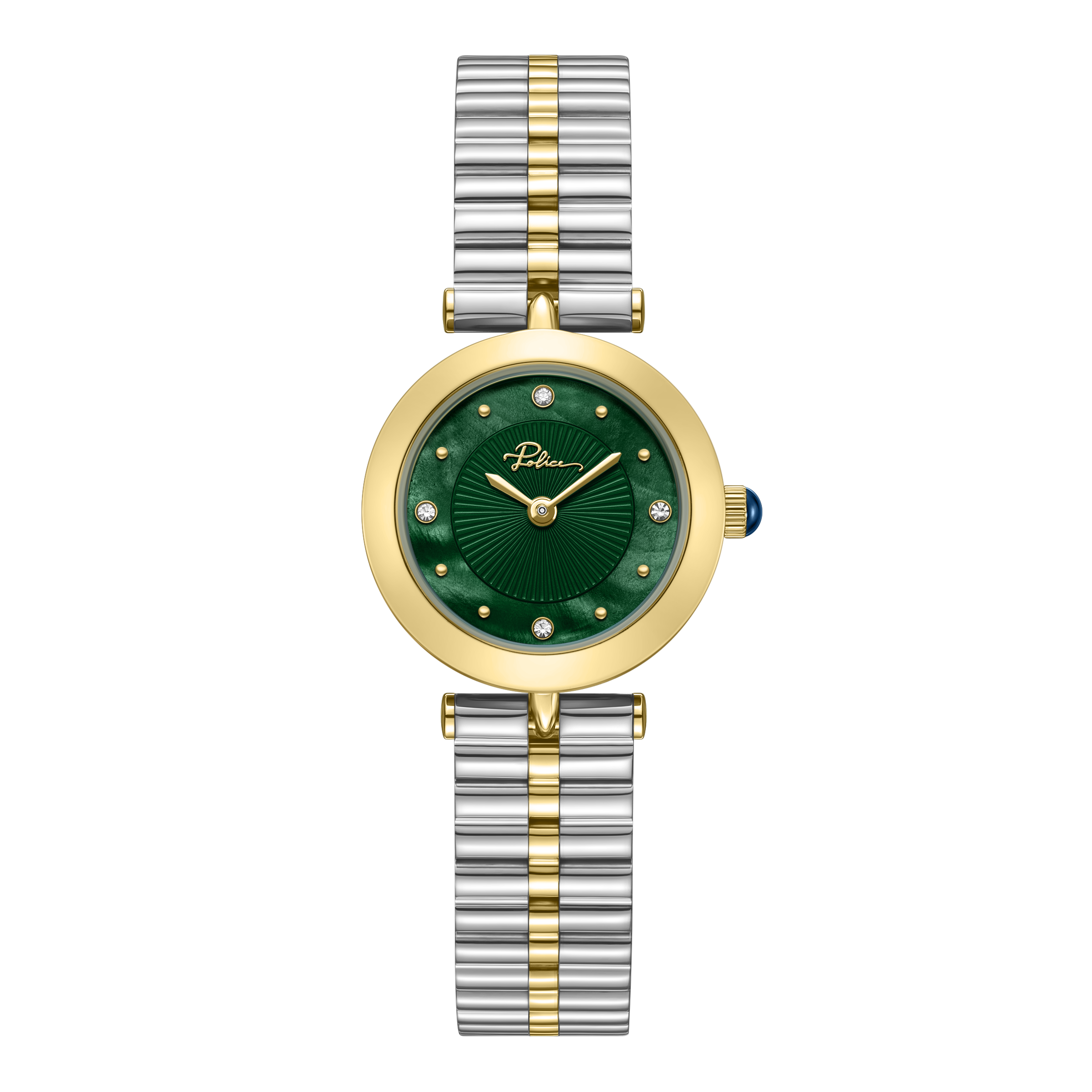 Police women's green dial watch with gold-tone case and silver and gold-tone stainless steel bracelet