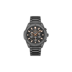 Police men's gunmetal chronograph watch with black dial, rose-gold-tone accents and matching metal bracelet