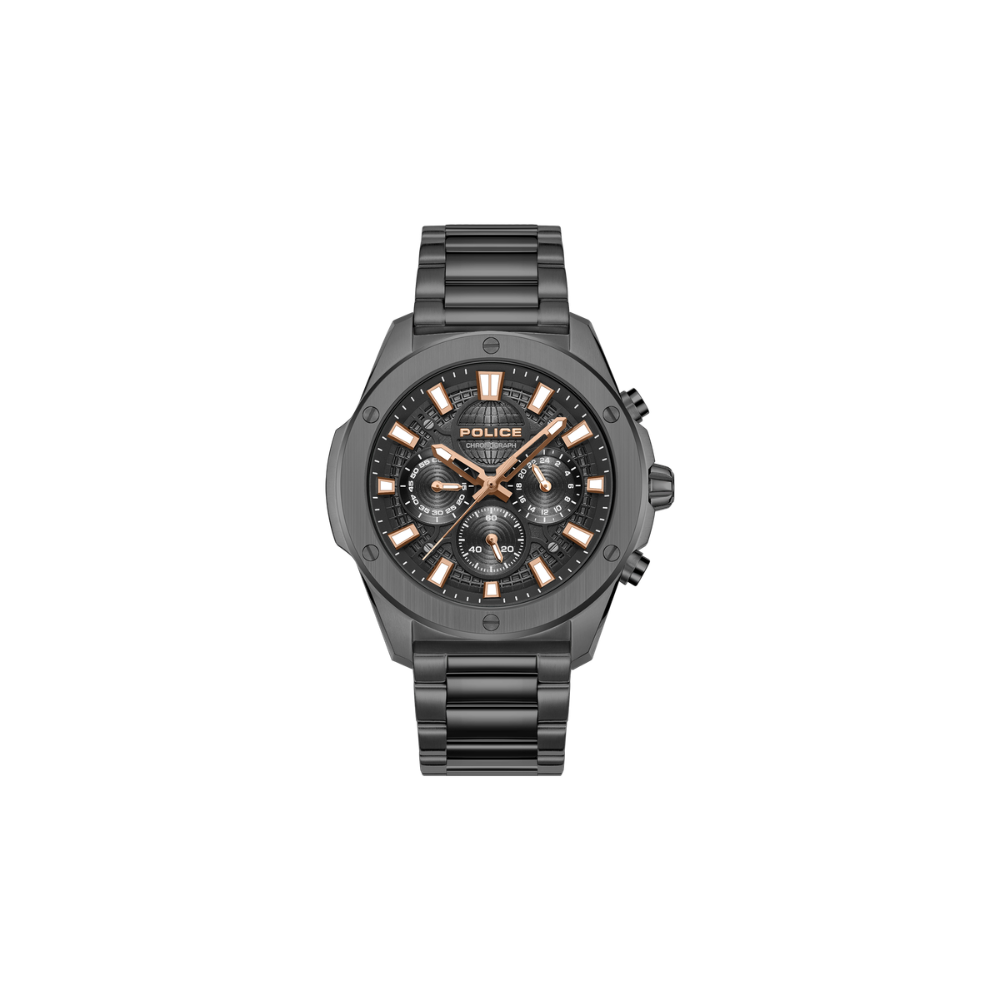 Police men's gunmetal chronograph watch with black dial, rose-gold-tone accents and matching metal bracelet