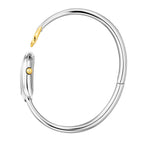 A side profile photograph accentuating the complete circular architecture of the polished rigid steel bangle, the integrated rear case hinge, and the fluted yellow gold setting crown on the side of the horseshoe watch head.