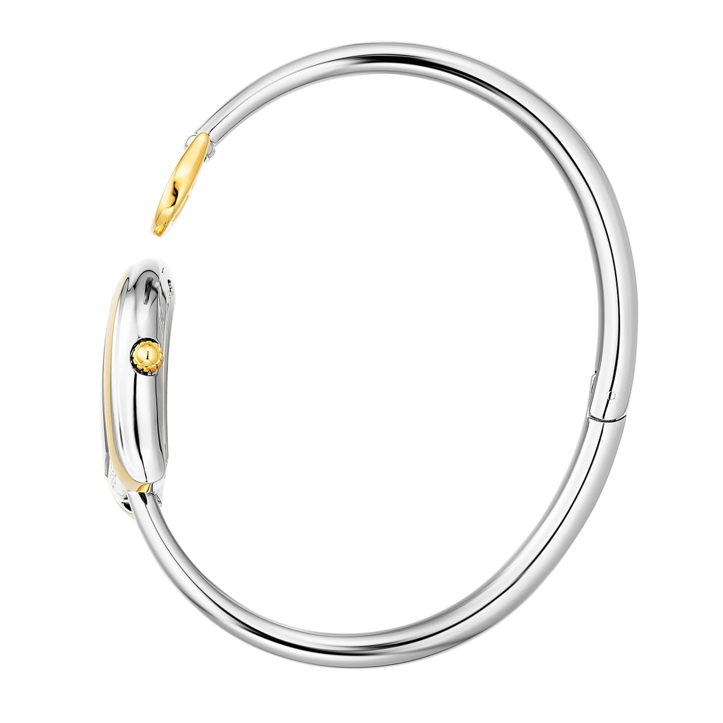 A side profile photograph accentuating the complete circular architecture of the polished rigid steel bangle, the integrated rear case hinge, and the fluted yellow gold setting crown on the side of the horseshoe watch head.