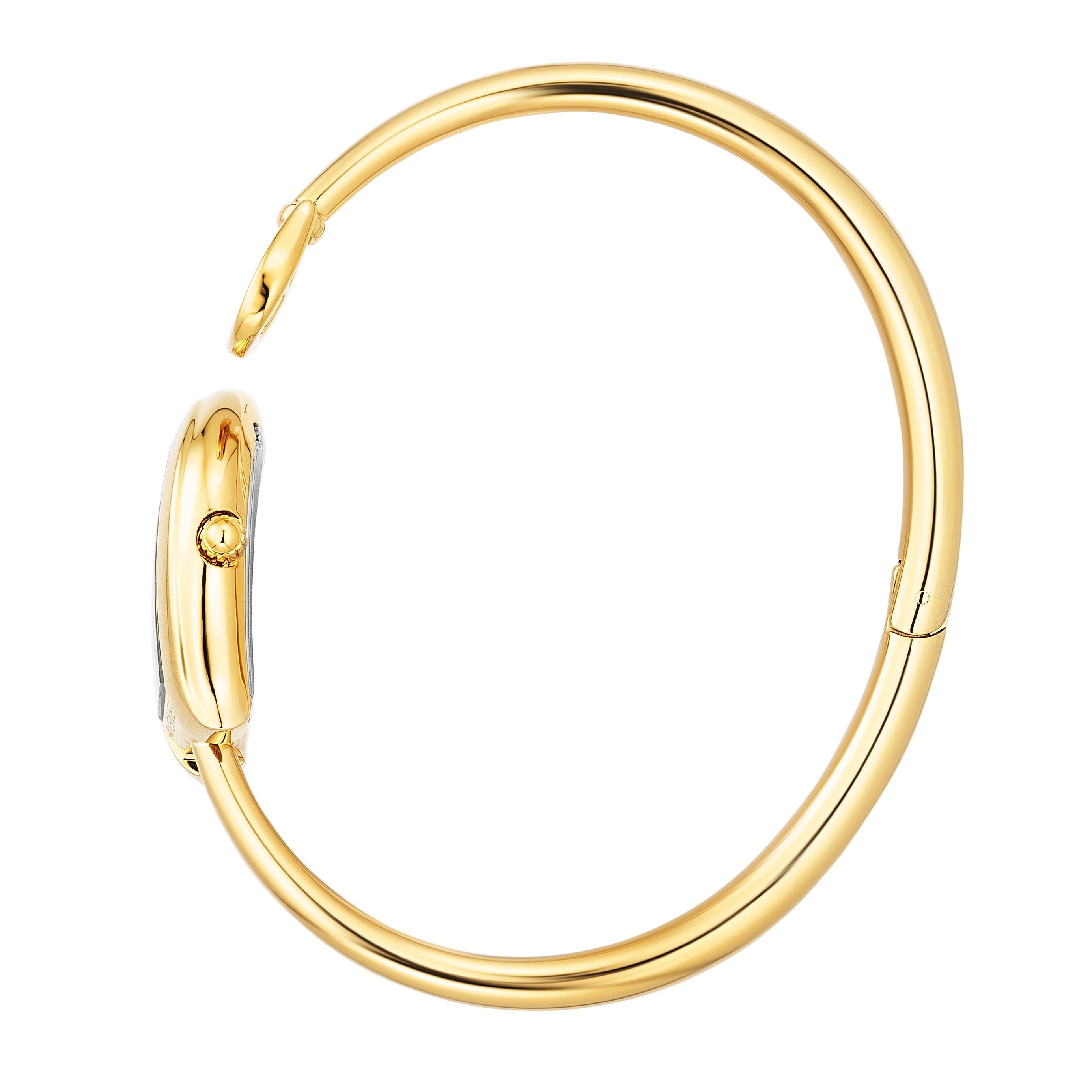A side profile shot showcasing the complete circular architecture of the polished gold-plated rigid bangle, the integrated case hinge, and the fluted crown detailed on the side of the horseshoe watch head.