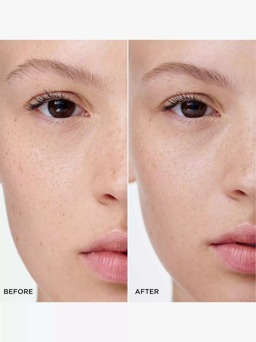 Defined dark eyelashes and subtly filled-in light brown eyebrows.