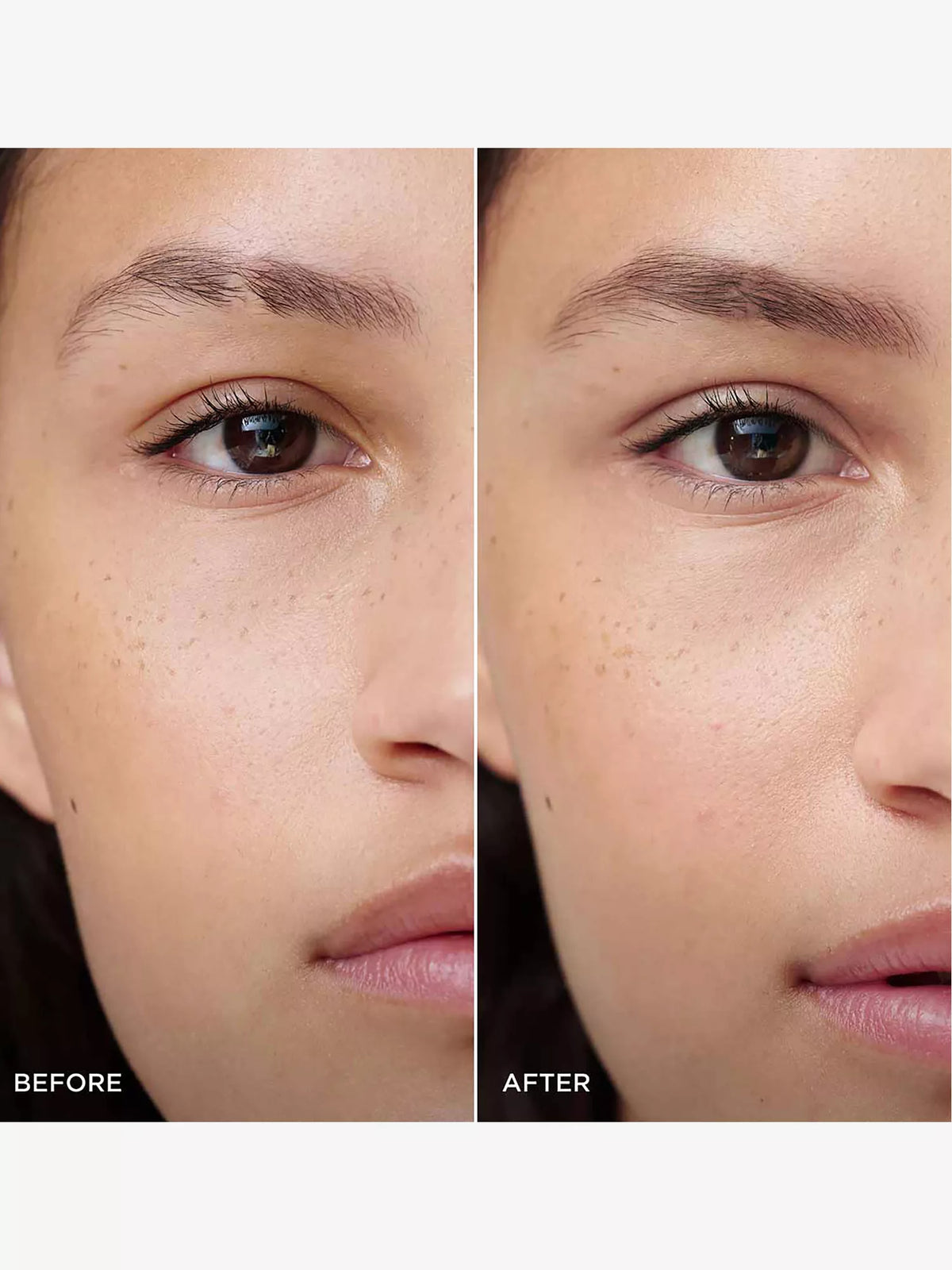 Natural brown eyebrow makeup, defining and filling brows with a matte finish and hair-like strokes.