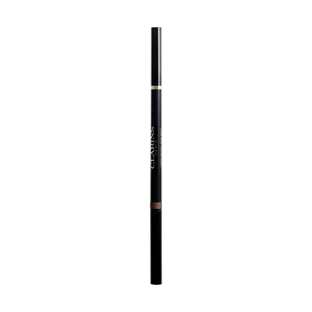 Dark brow pencil with a gold-toned band, white Clarins branding, and a visible medium brown tip.