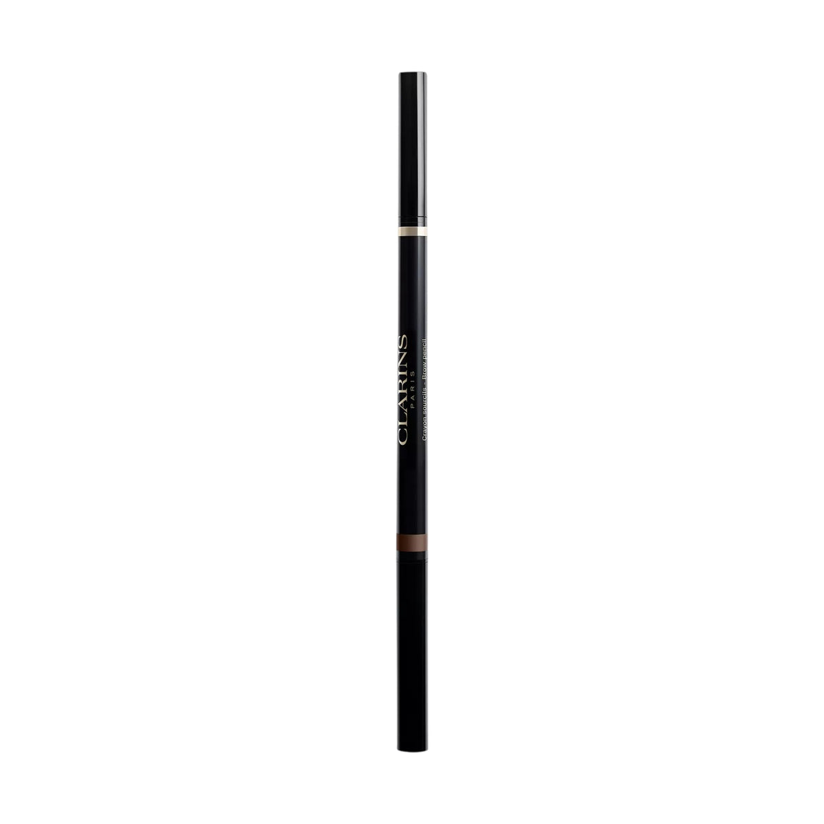 Dark brow pencil with a gold-toned band, white Clarins branding, and a visible medium brown tip.