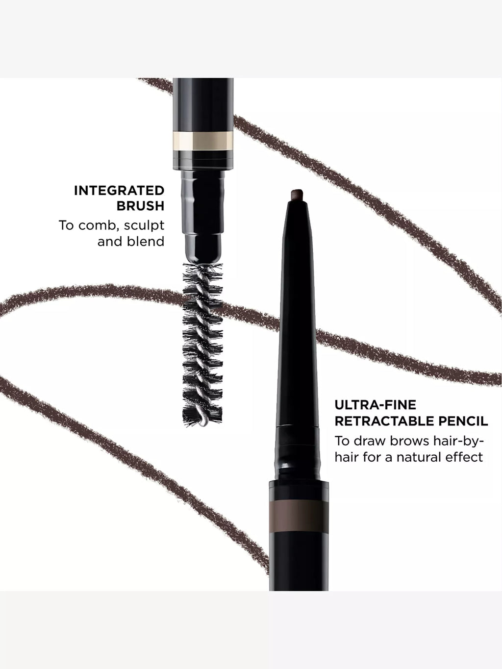Black eyebrow pencil with a dark brown retractable ultra-fine tip, a black spoolie brush, and gold-toned, light brown, and da
