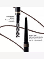 Black eyebrow pencil with a dark brown retractable ultra-fine tip, a black spoolie brush, and gold-toned, light brown, and da