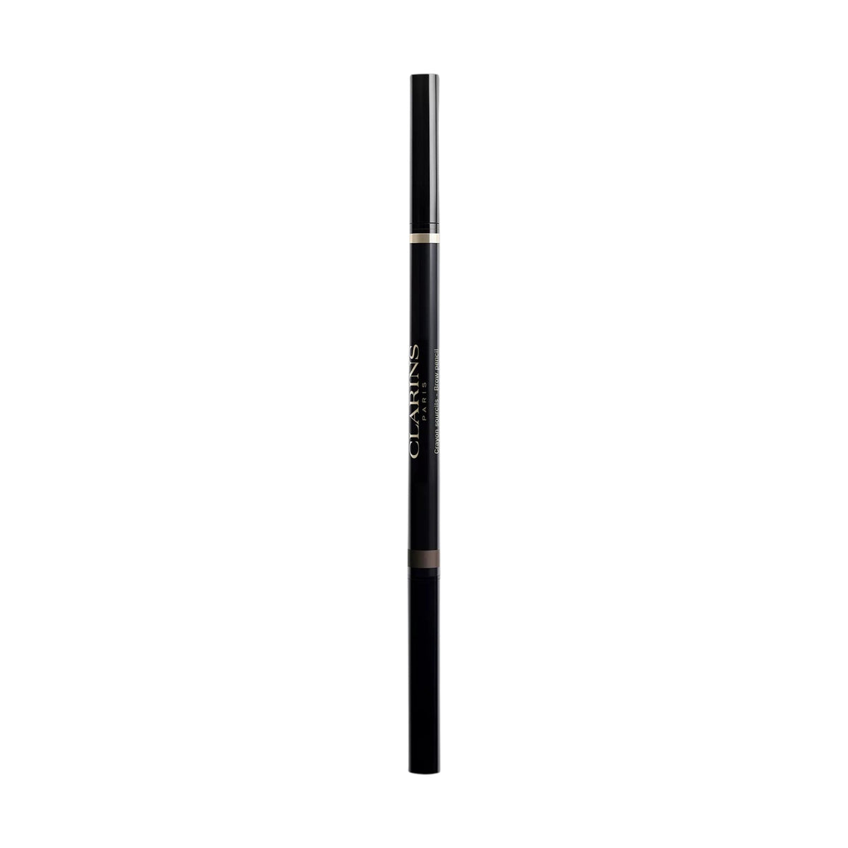 Dark cosmetic pencil with a dark brown tip, a gold-toned band, and white 'CLARINS PARIS' text.