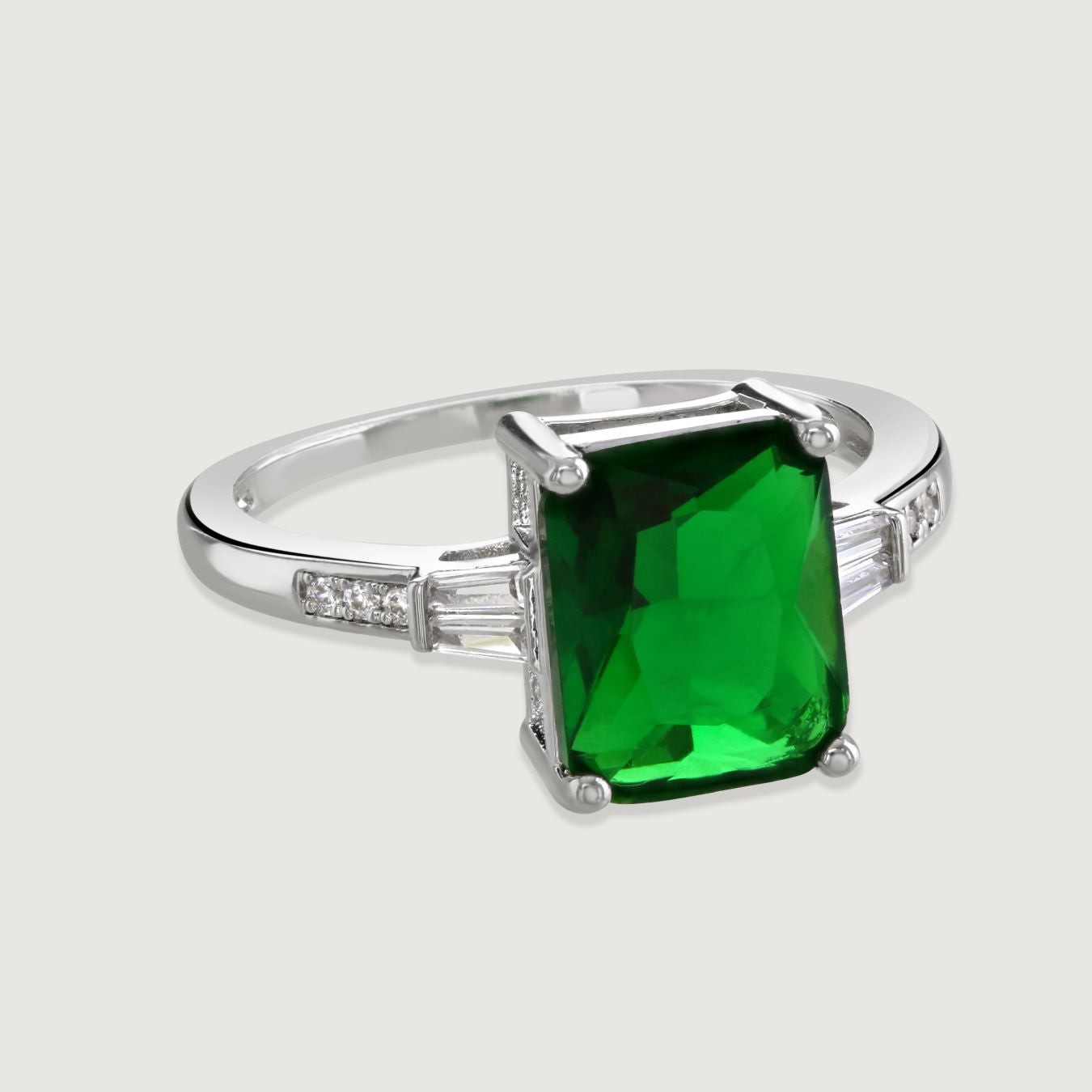 Buckley London Emerald Baguette With Tapered Baguette Shoulders Ring Rhodium Small