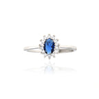 Silver-toned ring with a central oval dark blue stone surrounded by a halo of small clear stones on a thin band.