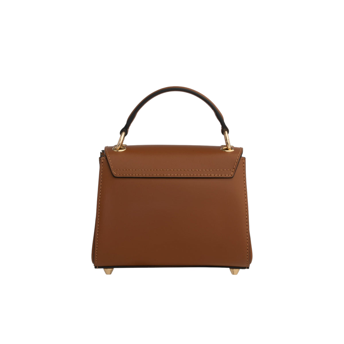 Structured brown leather top handle bag with a flap closure, dark handle, and gold-toned hardware and feet.