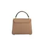 Tan structured leather top handle bag with a black handle, gold-toned hardware, and four gold-toned protective feet.