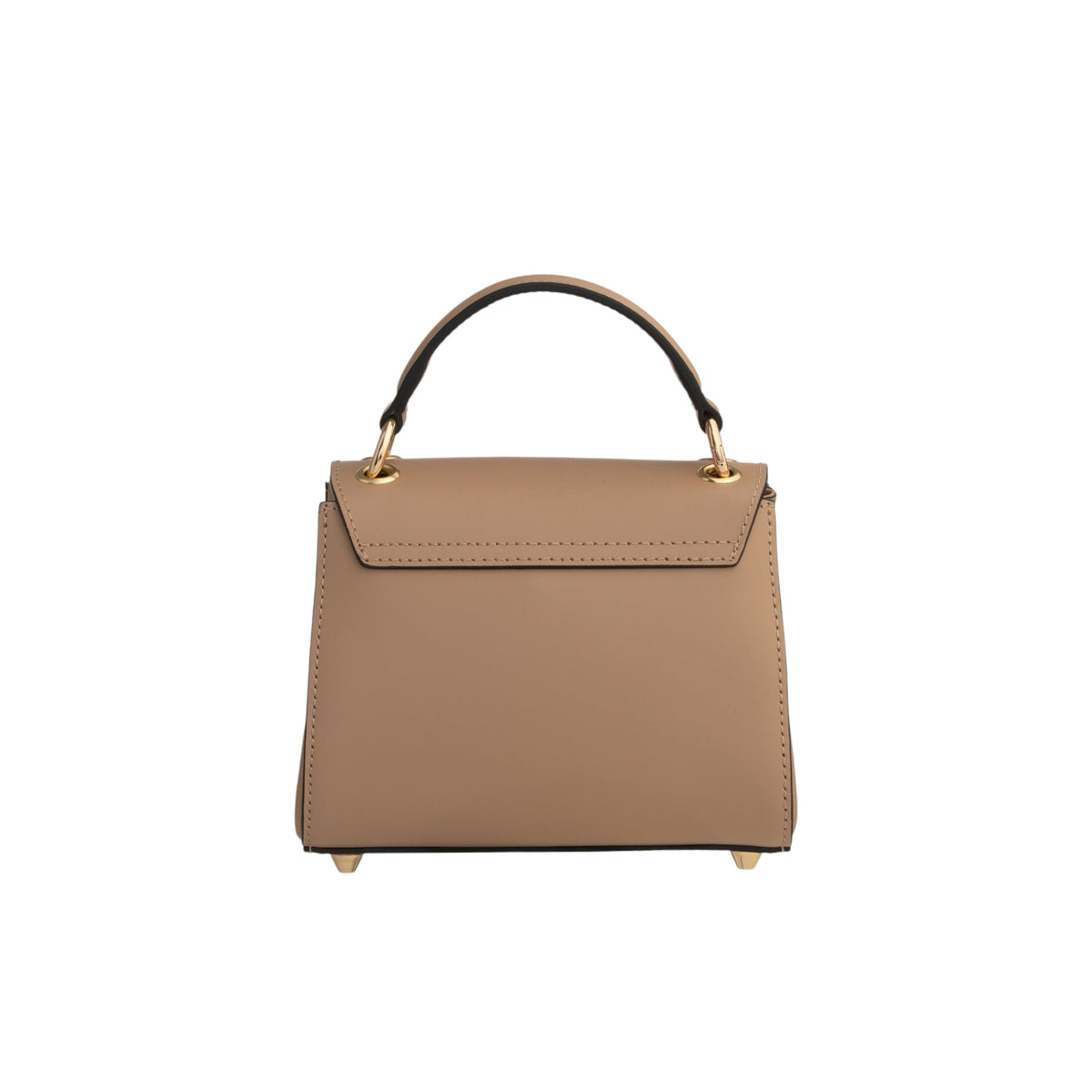 Tan structured leather top handle bag with a black handle, gold-toned hardware, and four gold-toned protective feet.