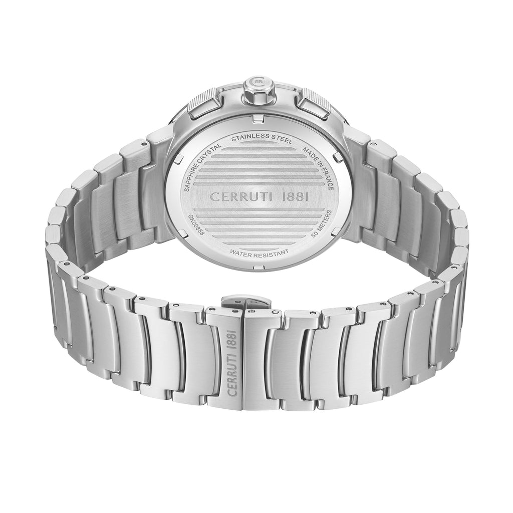 A studio view focusing on the back of the watch, showing the brushed stainless steel caseback engraved with details and the deployed continuous butterfly clasp bearing the CERRUTI 1881 nameplate.