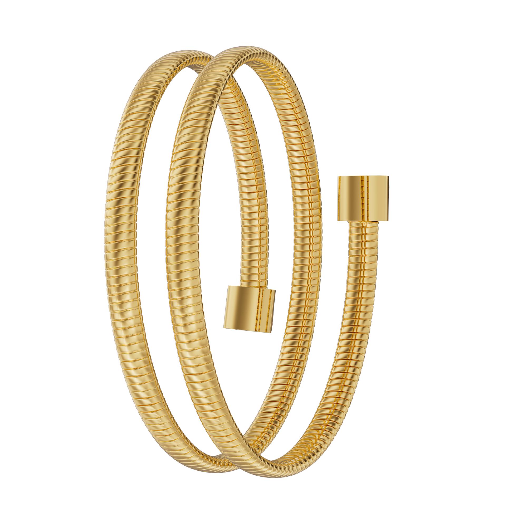 A vertical side view focusing on the reverse side of the polished yellow gold-plated flexible bracelet structure, highlighting its uniform ribbed coil pattern and clean finish.