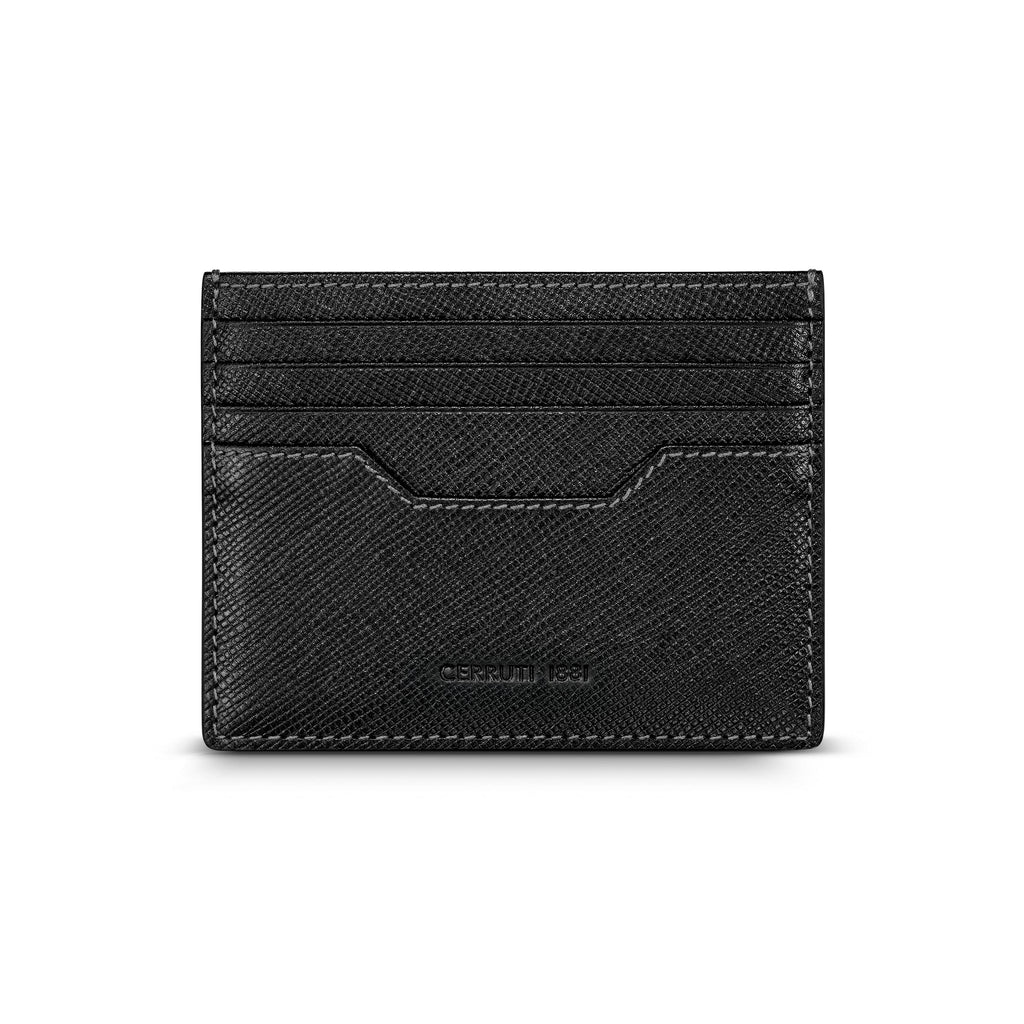 A direct back-facing view of the black leather cardholder, showcasing the uniform cross-grain texture, precision stitching, and a clean debossed brand emblem on the rear surface.