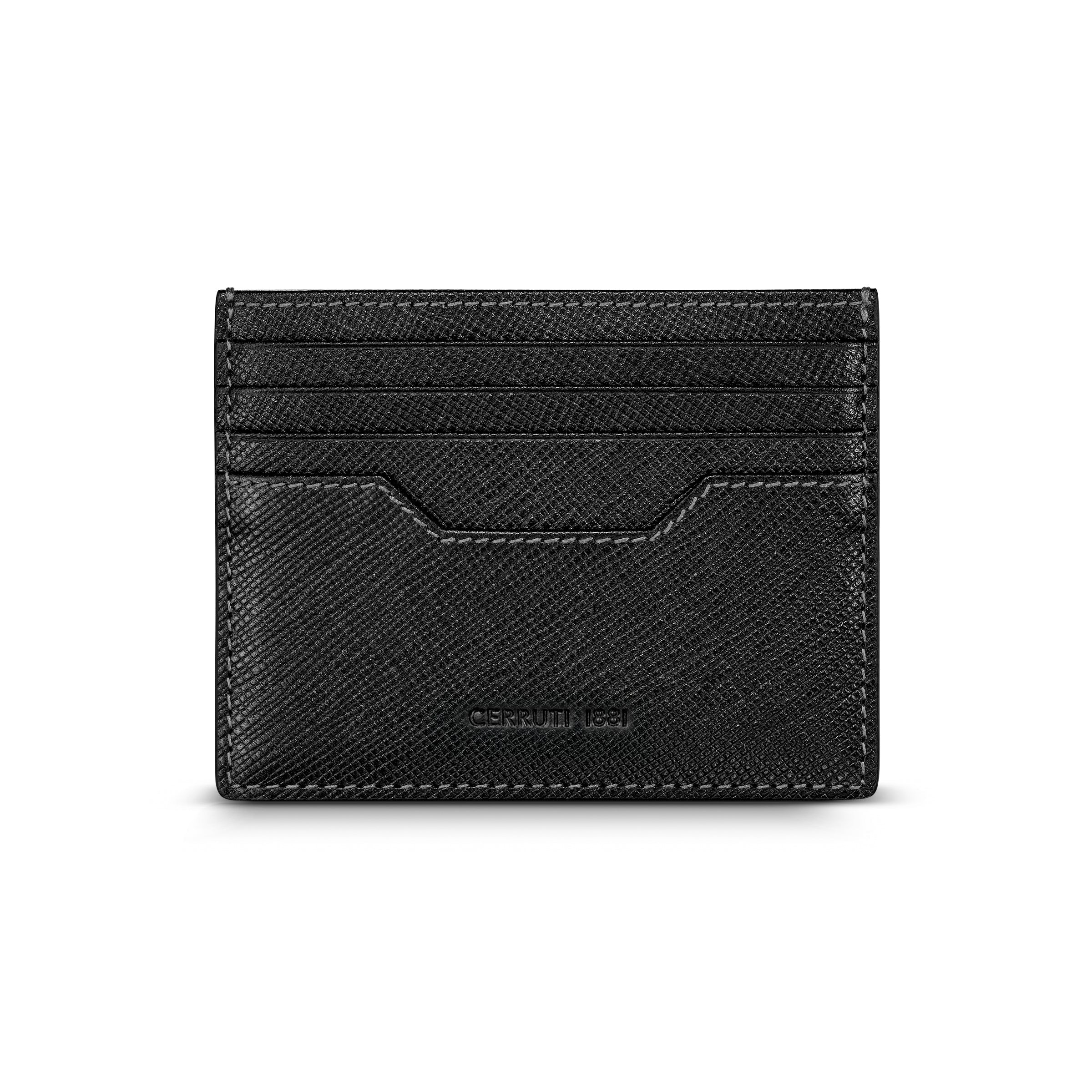A direct back-facing view of the black leather cardholder, showcasing the uniform cross-grain texture, precision stitching, and a clean debossed brand emblem on the rear surface.