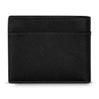 A direct back studio shot of the closed black leather bifold wallet, showing the uniform, scratch-resistant cross-grain Saffiano texture and a quick-access flat horizontal card pocket.