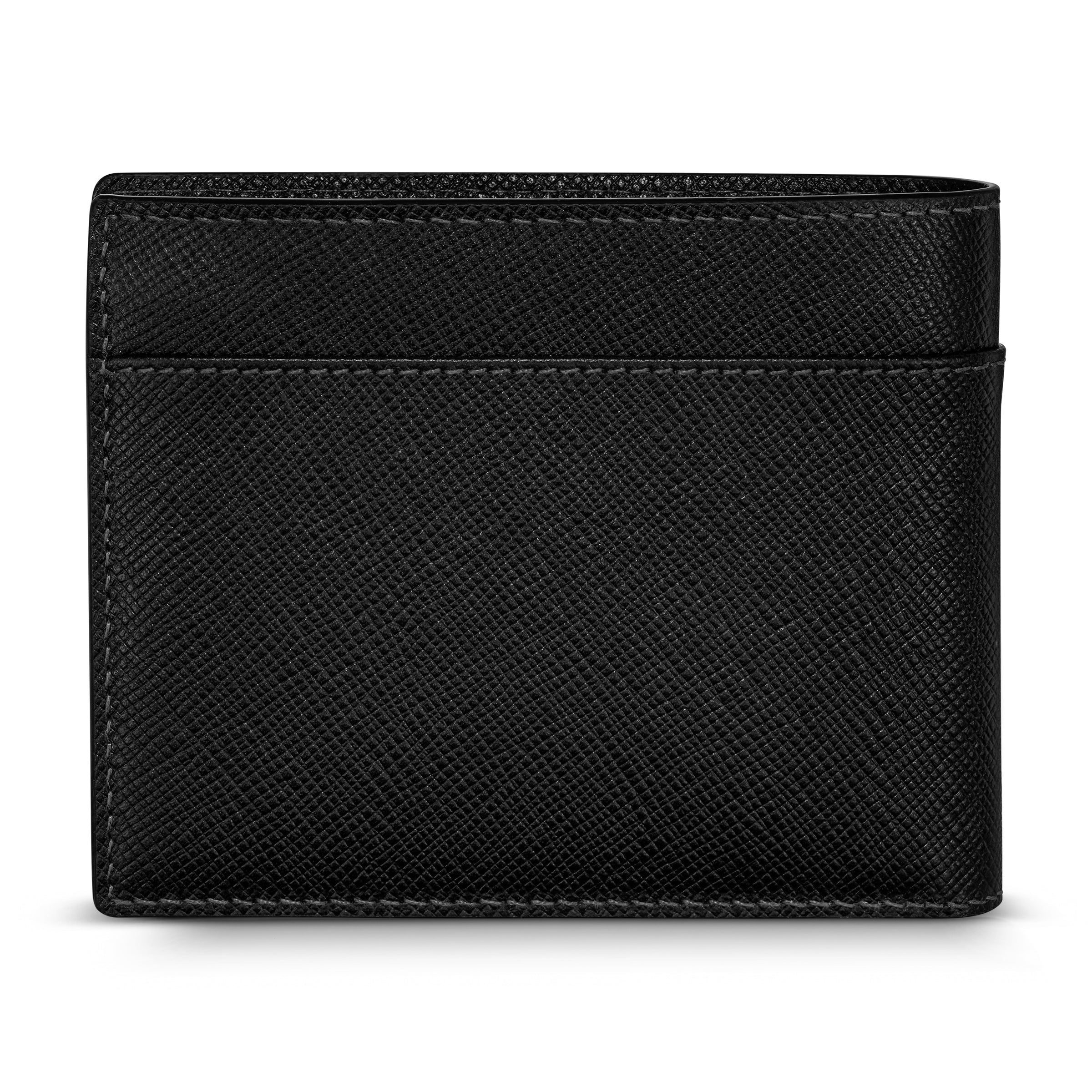 A direct back studio shot of the closed black leather bifold wallet, showing the uniform, scratch-resistant cross-grain Saffiano texture and a quick-access flat horizontal card pocket.