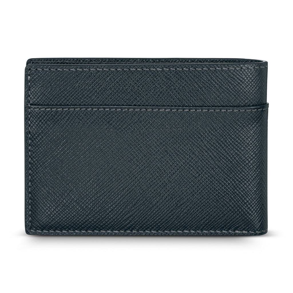 A direct back studio shot of the closed navy blue card case wallet, showcasing the uniform cross-hatched texture, tonal stitching, and a quick-access horizontal card pocket.