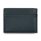 A direct back studio shot of the closed navy blue card case wallet, showcasing the uniform cross-hatched texture, tonal stitching, and a quick-access horizontal card pocket.